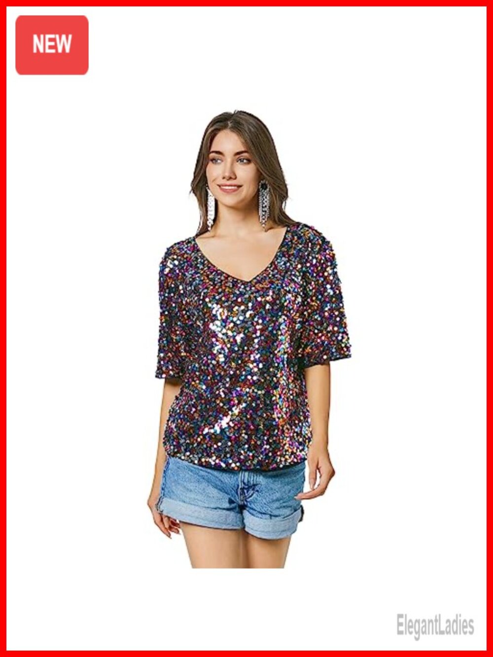 Sequin V-Neck Half Sleeve Party Top Loose Fit